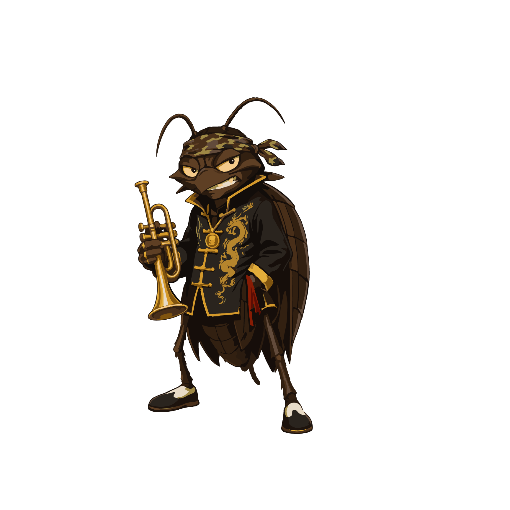 C. Rus Ting, the Reggae Bugs horn player, holding his gold trumpet.
