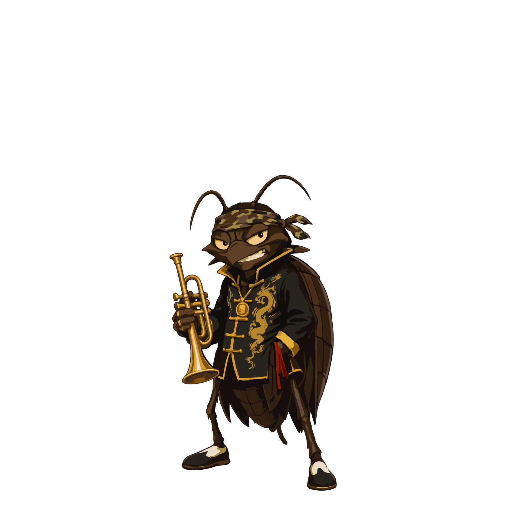C. Rus Ting, the Reggae Bugs horn player, holding his gold trumpet.