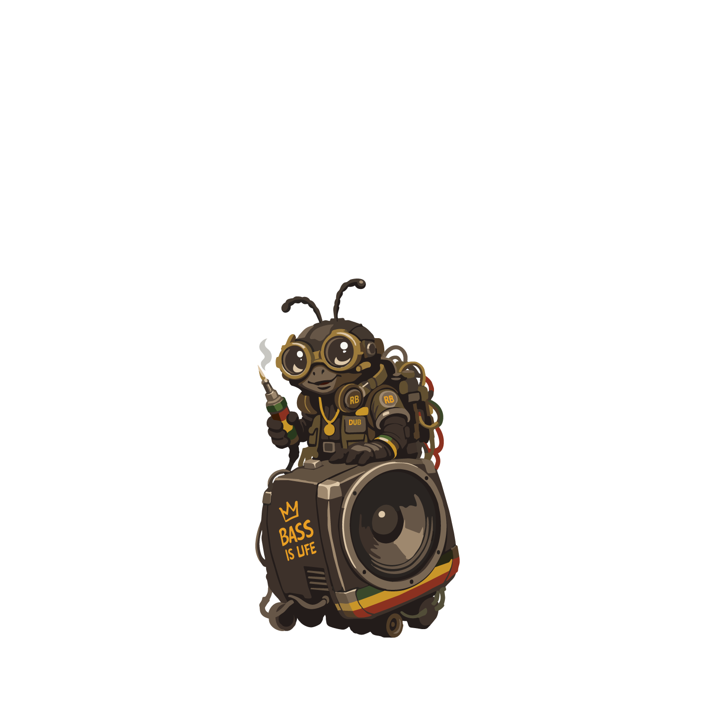 Dingy, the Reggae Bugs dub engineer and inventor, wearing headphones.