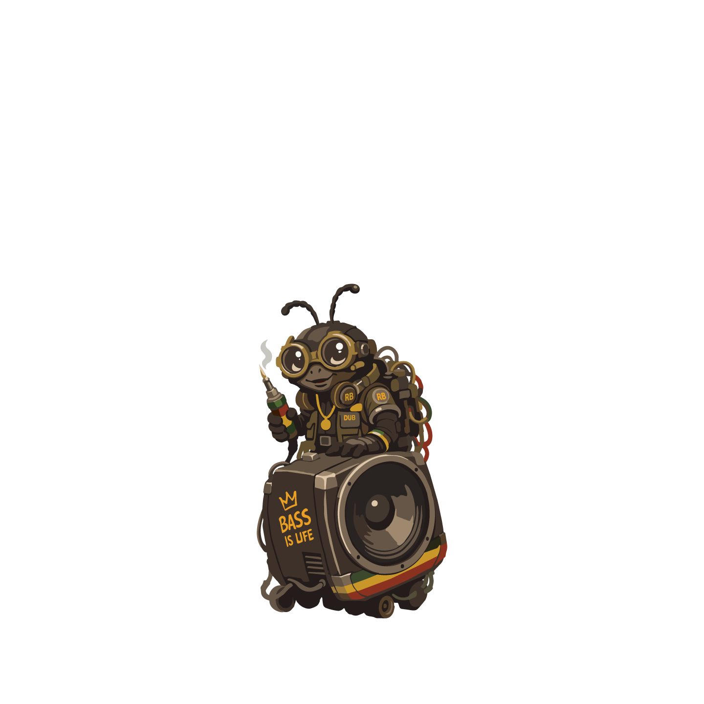 Dingy, the Reggae Bugs dub engineer and inventor, wearing headphones.