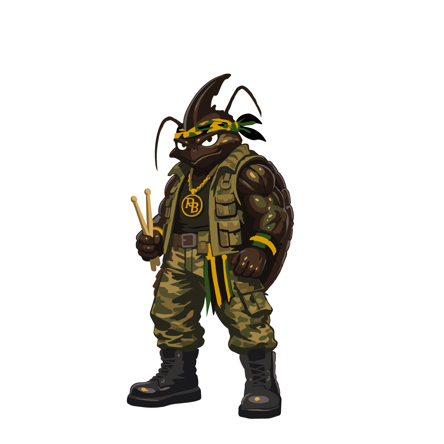 Energizer, the Reggae Bugs rhino beetle drummer, holding his drumsticks.