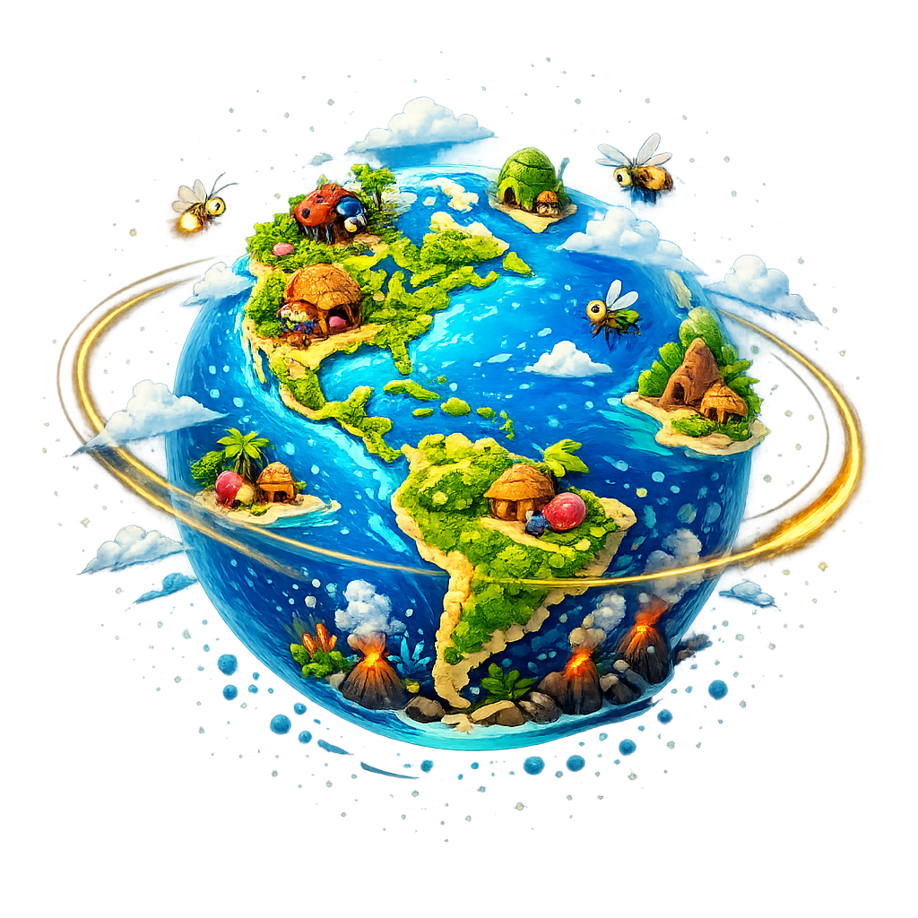 A colorful spinning planet concept for Reggae Bugs, showing an Earth-like bug world with North and South America, small island habitats, clouds, flying bugs, and glowing underwater volcanoes.