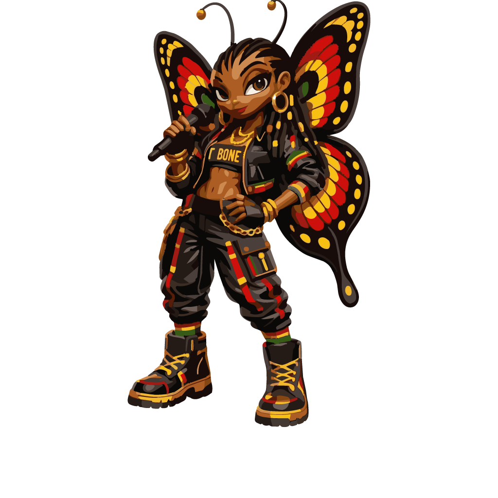T-Bone, the Reggae Bugs butterfly vocalist, with patterned wings.