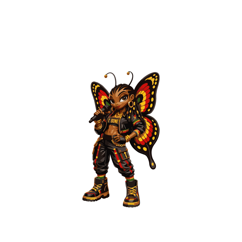 T-Bone, the Reggae Bugs butterfly vocalist, with patterned wings.