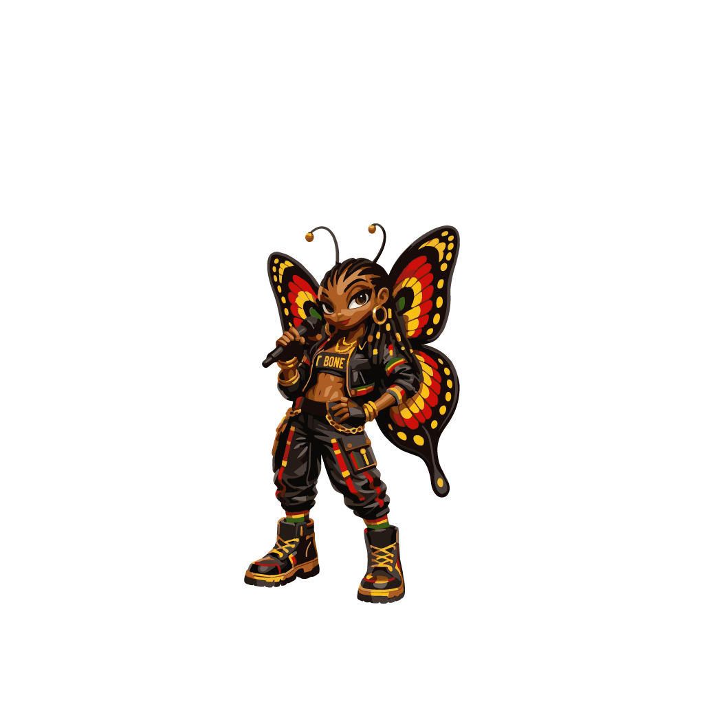 T-Bone, the Reggae Bugs butterfly vocalist, with patterned wings.