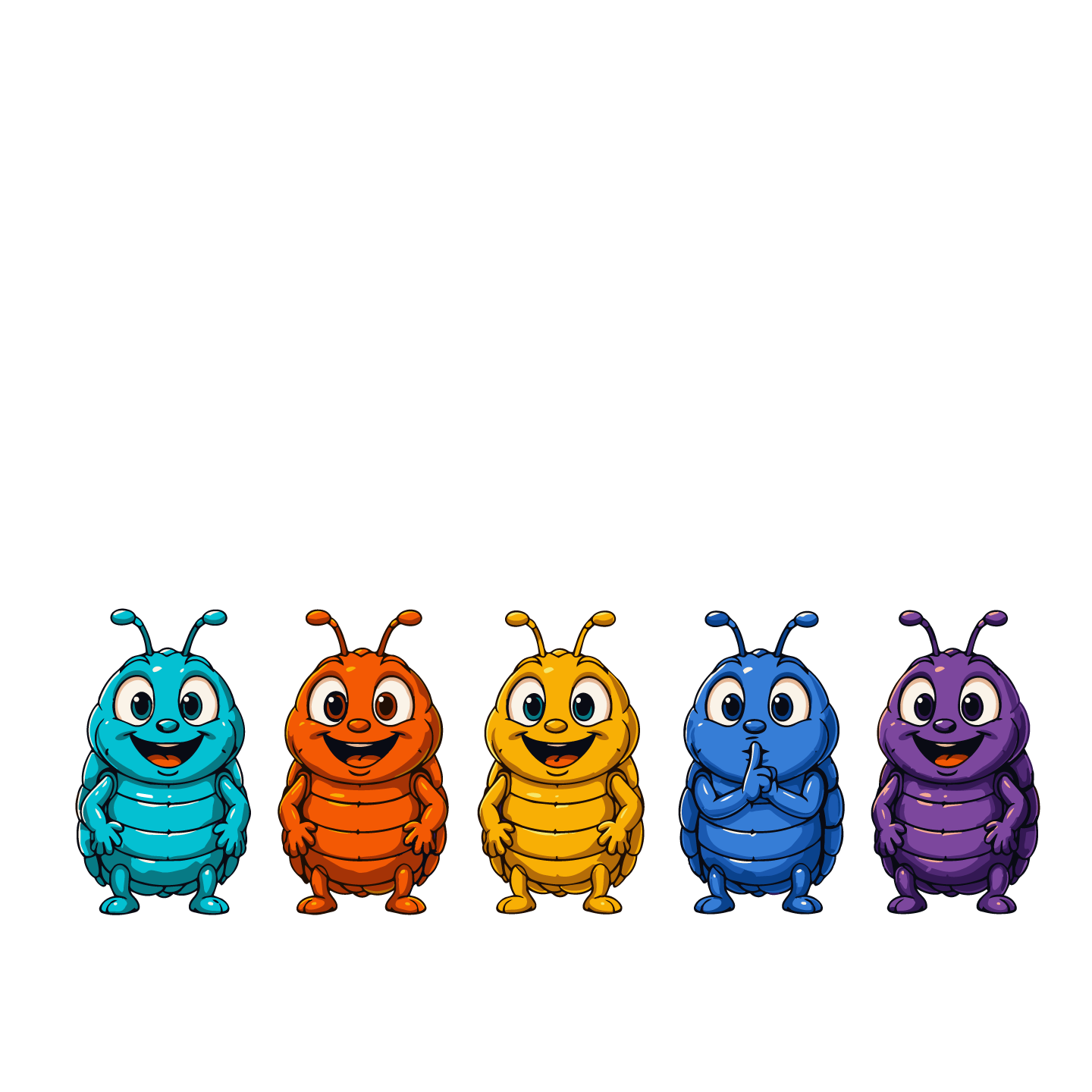 The Pillbugs—Rollie, Poley, Laffy, Silly, and Solid—standing together.