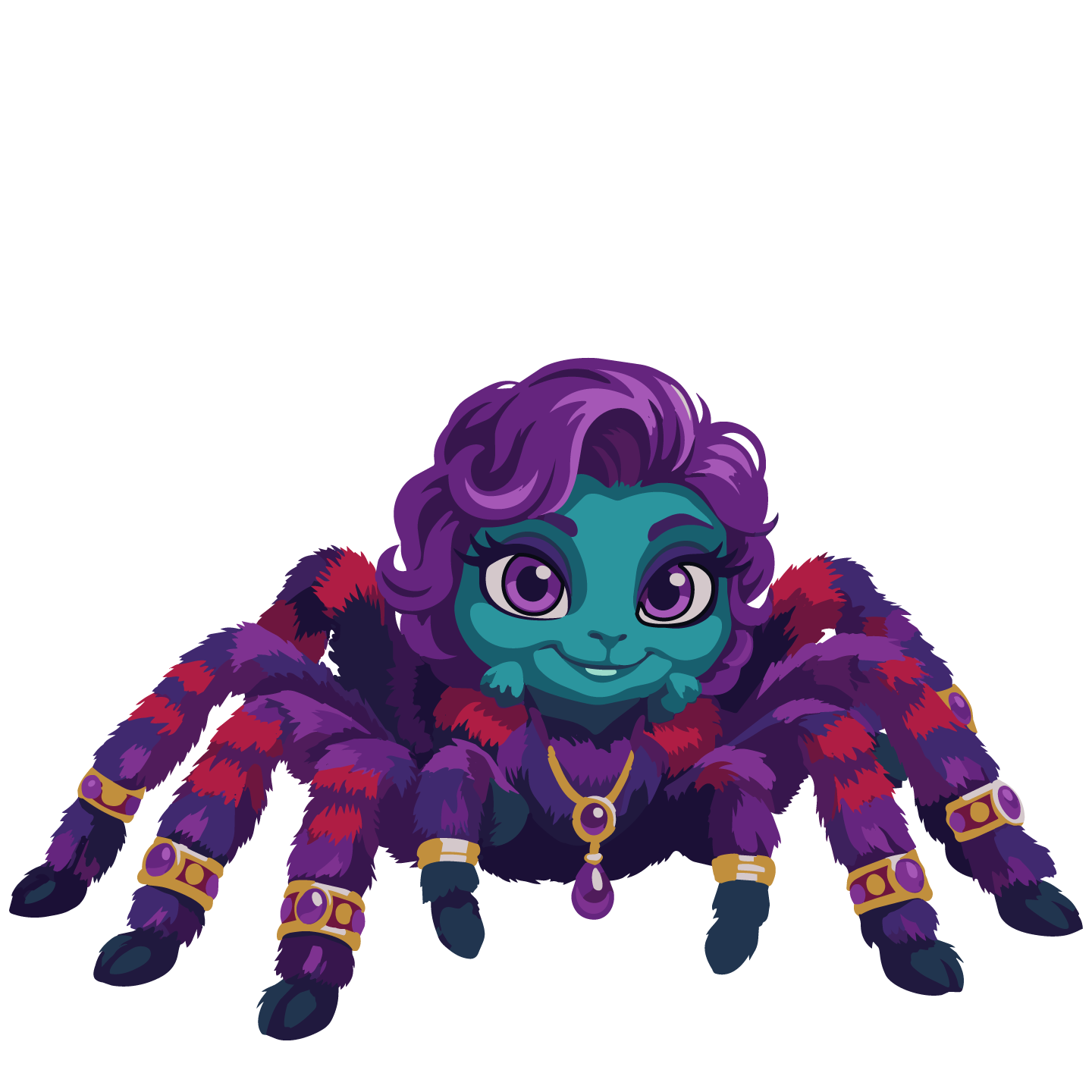 Webby, the Reggae Bugs Haitian tarantula guardian with purple hair and gemstones.