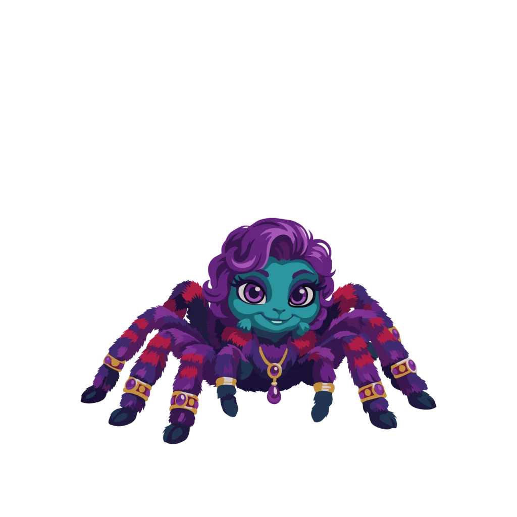 Webby, the Reggae Bugs Haitian tarantula guardian with purple hair and gemstones.