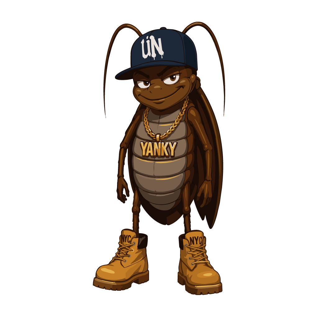 Yanky, a confident New York City cockroach wearing a dark cap, gold chain, and wheat boots, featured on his Reggae Bugs character biography page.