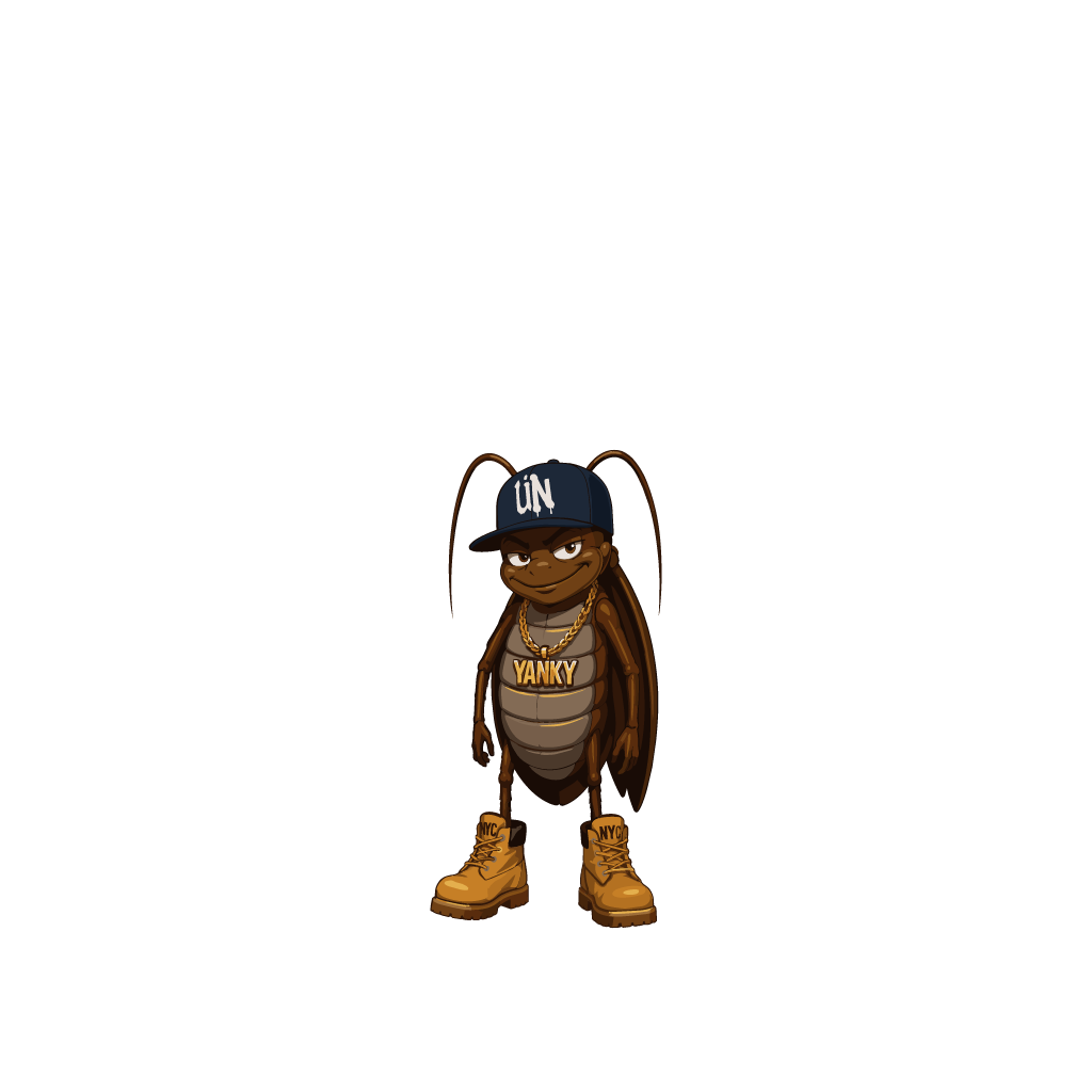 Yanky, a confident New York City cockroach wearing a dark cap, gold chain, and wheat boots, featured on the Reggae Bugs character page.