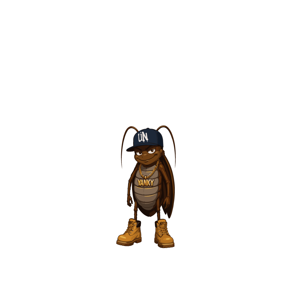 Yanky, a confident New York City cockroach character wearing a dark cap and wheat boots, featured on the Reggae Bugs homepage.