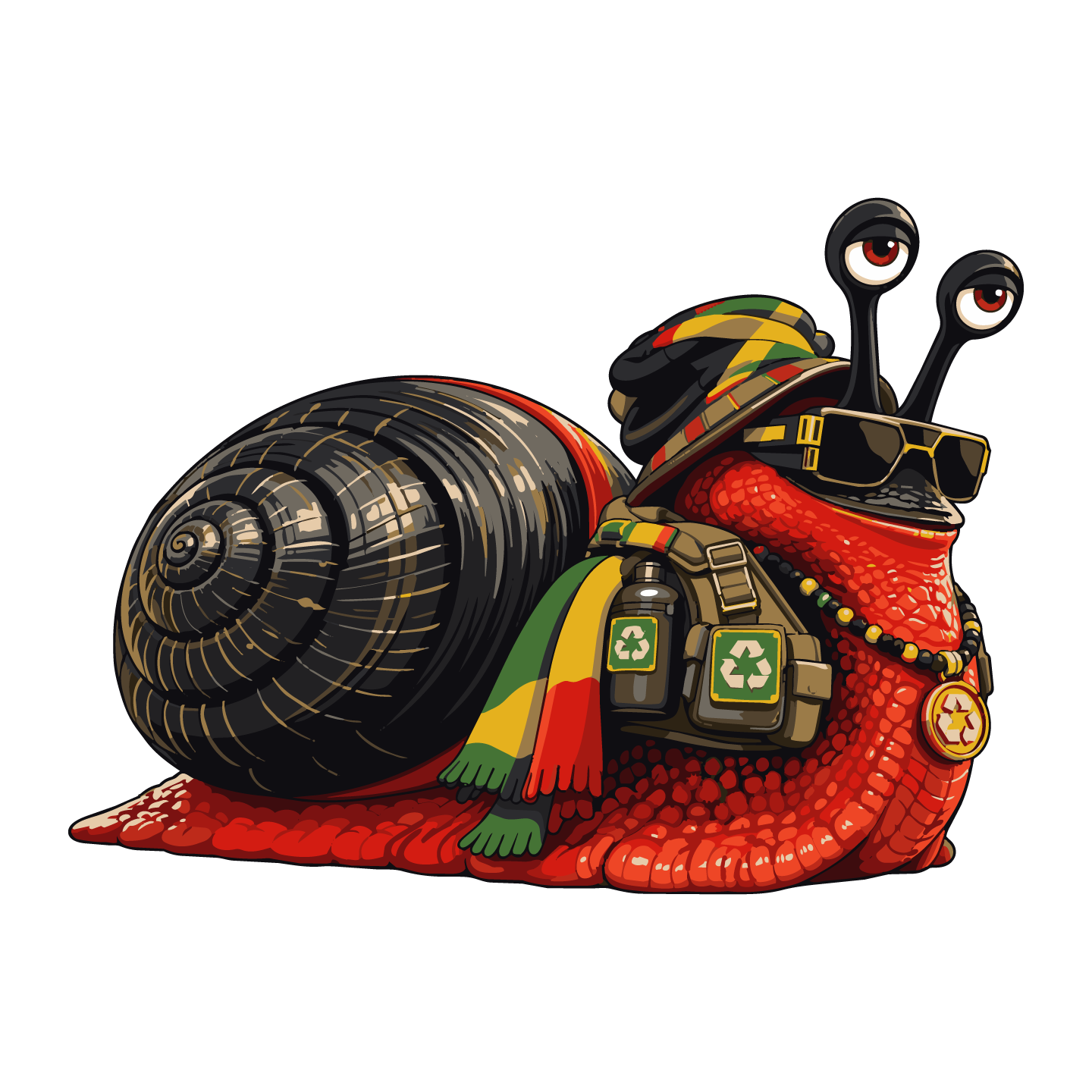 Sluggy, the Reggae Bugs fire snail sanitation specialist, in a full-body vector illustration.