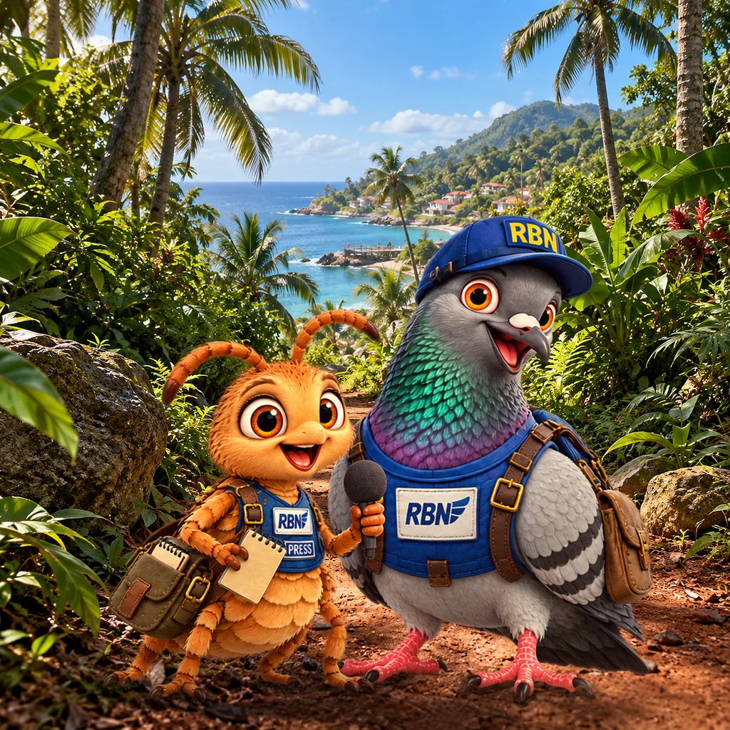 Louse and Pigeon, RBN field reporters, on a jungle trail above the island bay