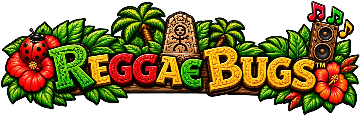 Reggae Bugs tropical horizontal logo with carved reggae-style lettering, hibiscus flowers, palm leaves, tiki stone, ladybug, and right-side speaker with music notes.